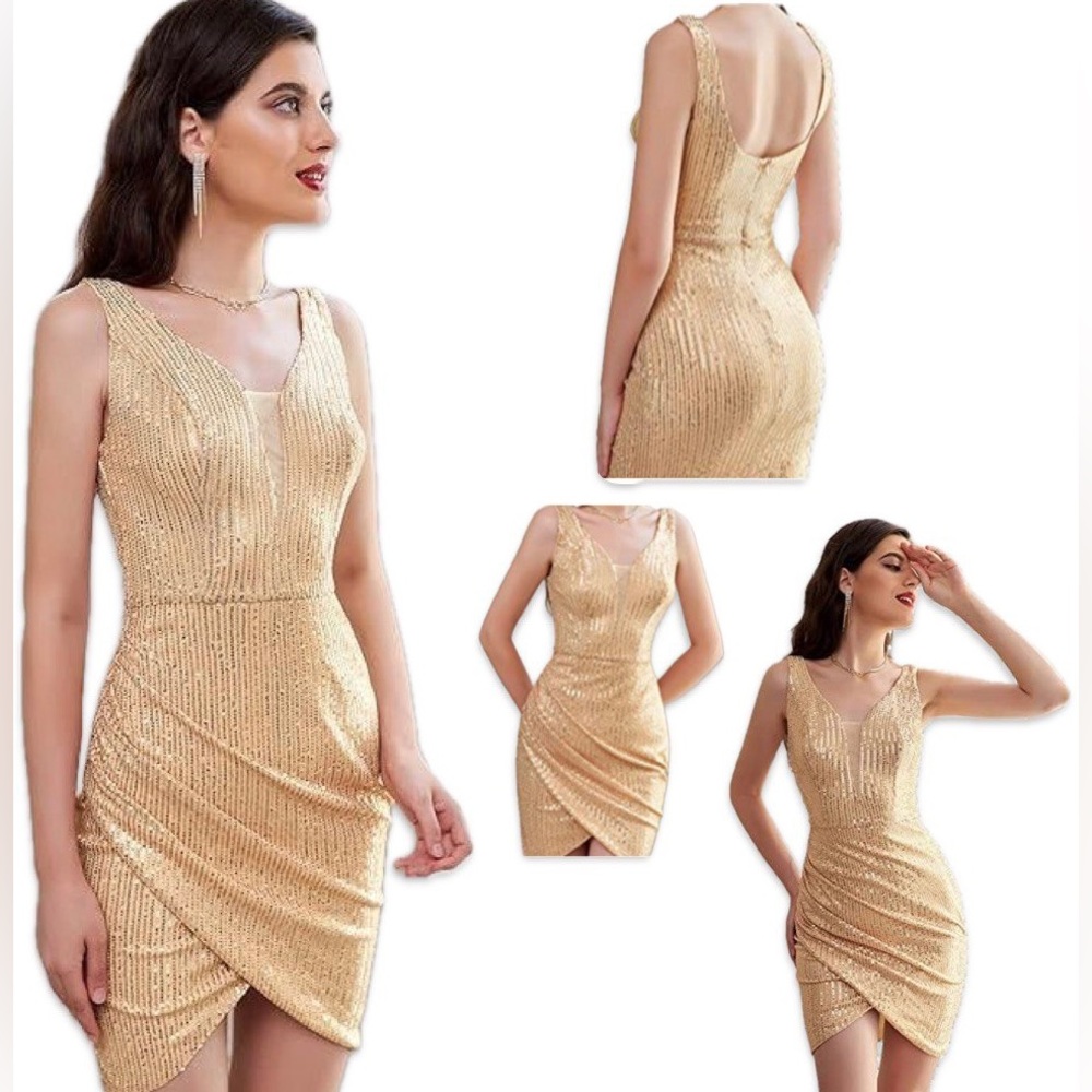 GRACE KARIN Gold Sequin Stripe Print Sleeveless Mini Bodycon Cocktail Dress sz M